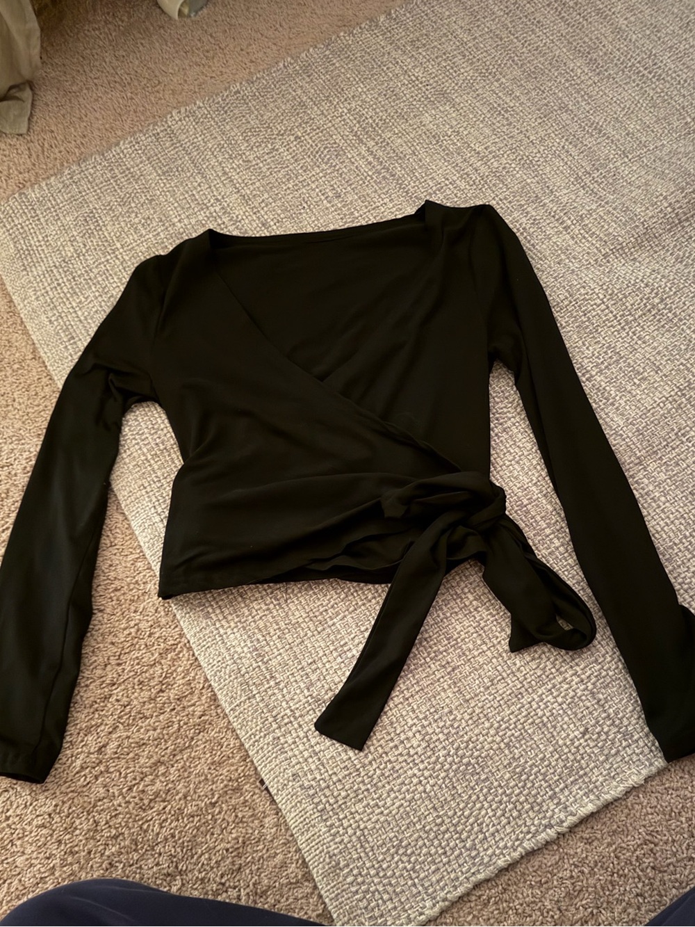 Black Long-Sleeve Wrap Top with Side Tie